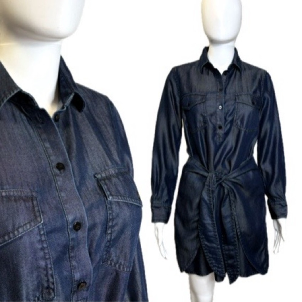 Club Monaco 100% Lyocell Denim Shirtdress Size 00 Long Sleeve Wrap Tie Front